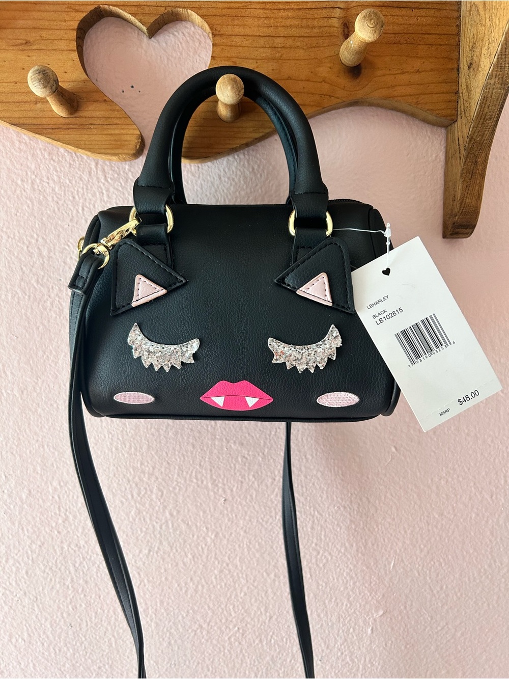 NWT Luv Betsey Johnson Harley Black Vampire Cat Mini Crossbody Barrel Bag Purse